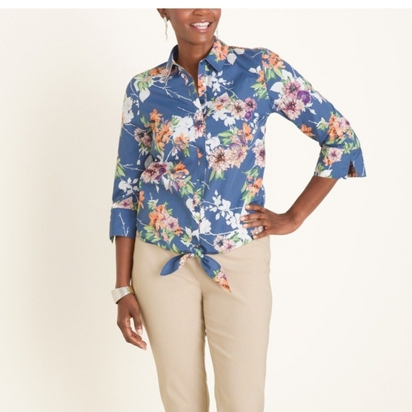 Host Pick Chico's No-Iron Cotton Bloom-Print Shirt Blue with Floral Print Size 3 - Picture 2 of 10